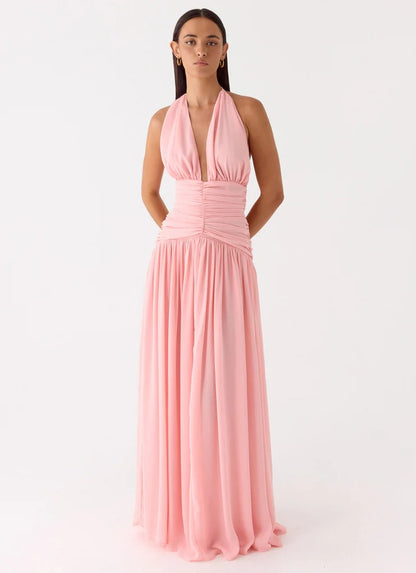 Prom Dress Pink Halter Neck Maxi Dress With Deep V Neck Lace Up Back Ruched Waist Flowy Skirt Formal Evening Party Gown