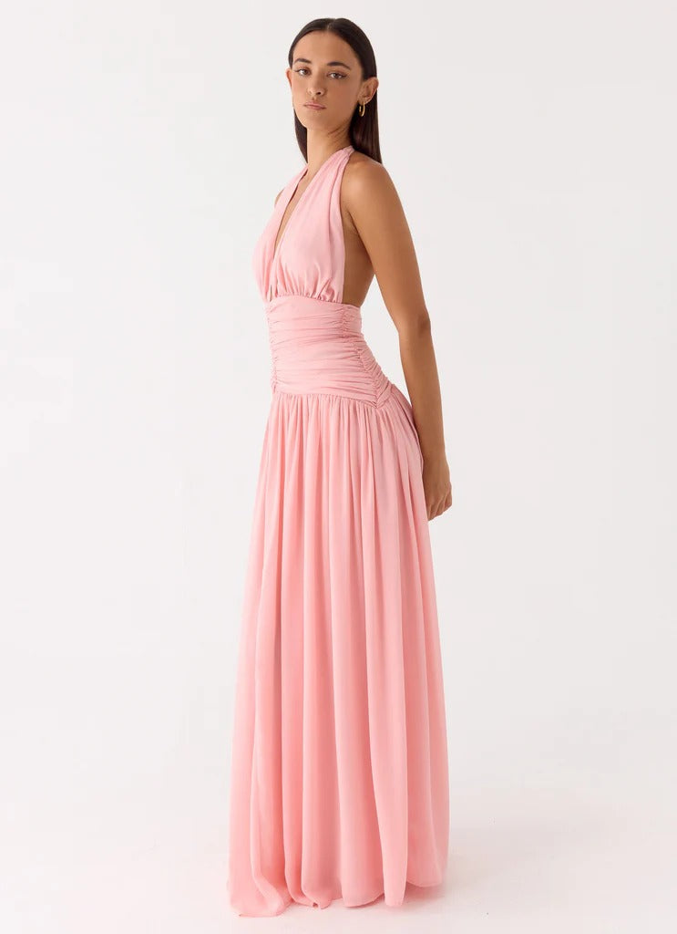 Prom Dress Pink Halter Neck Maxi Dress With Deep V Neck Lace Up Back Ruched Waist Flowy Skirt Formal Evening Party Gown