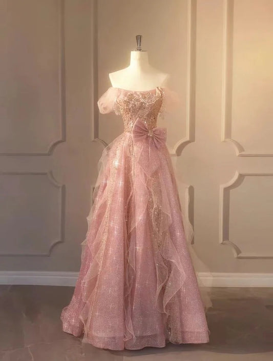 Prom Dress Pink Off Shoulder A Line Maxi Dress With Glitter Tulle Bow And Ruffle Details Formal Evening Party Gown