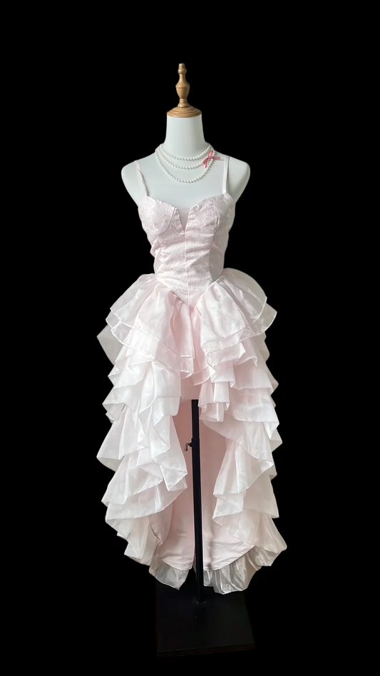 Prom Dress Pink Spaghetti Strap High Low Dress With Tiered Ruffle Tulle Skirt Lace Up Back Corset Formal Evening Party Gown