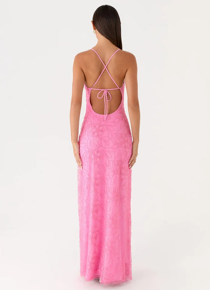 Prom Dress Pink Spaghetti Strap Maxi Dress With Floral Beaded Embroidery Crisscross Back Tie Open Back Formal Evening Party Gown