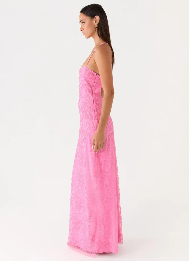 Prom Dress Pink Spaghetti Strap Maxi Dress With Floral Beaded Embroidery Crisscross Back Tie Open Back Formal Evening Party Gown