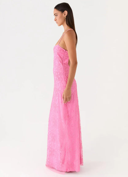 Prom Dress Pink Spaghetti Strap Maxi Dress With Floral Beaded Embroidery Crisscross Back Tie Open Back Formal Evening Party Gown
