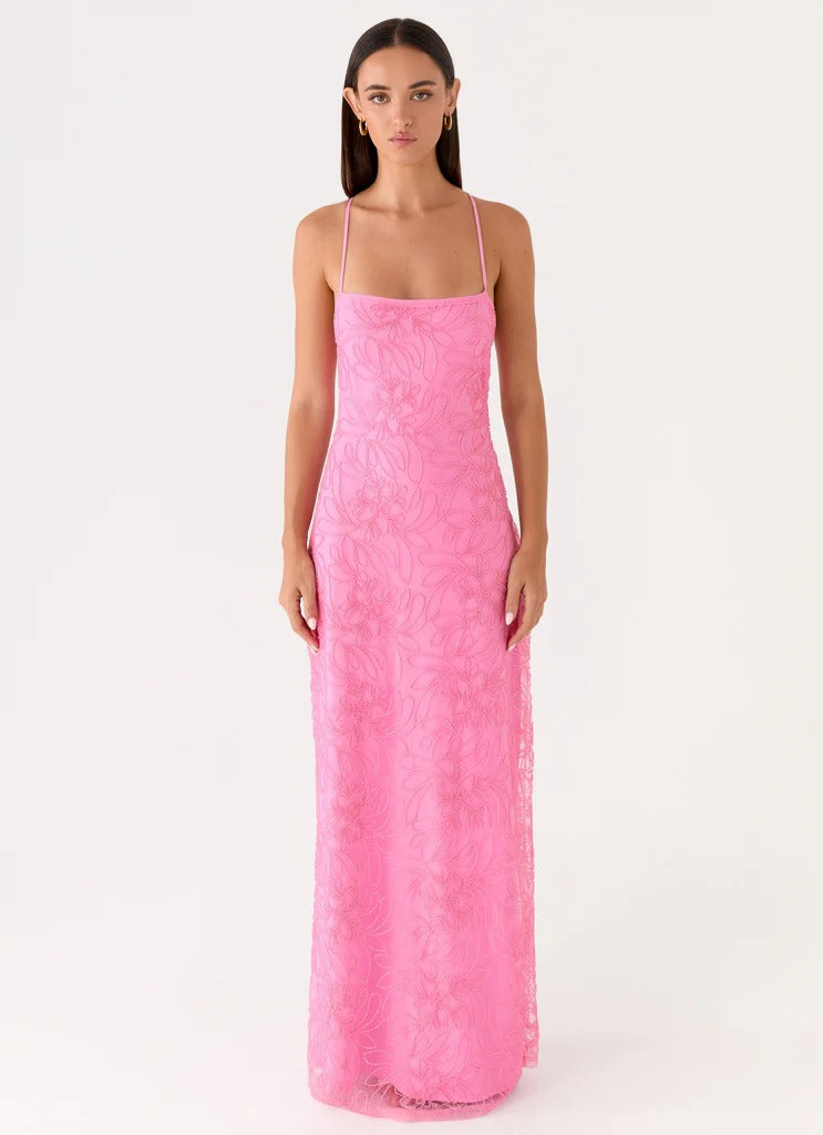 Prom Dress Pink Spaghetti Strap Maxi Dress With Floral Beaded Embroidery Crisscross Back Tie Open Back Formal Evening Party Gown