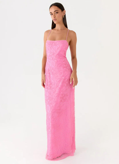 Prom Dress Pink Spaghetti Strap Maxi Dress With Floral Beaded Embroidery Crisscross Back Tie Open Back Formal Evening Party Gown