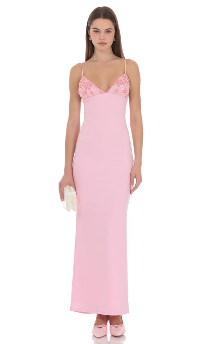 Prom Dress Pink Spaghetti Strap Maxi Dress With Sequin Floral V Neck Low Back Form Fitting Formal Evening Party Gown