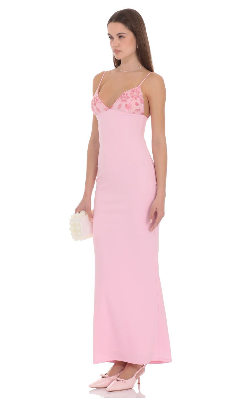 Prom Dress Pink Spaghetti Strap Maxi Dress With Sequin Floral V Neck Low Back Form Fitting Formal Evening Party Gown