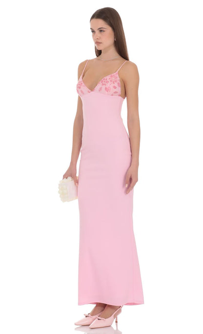 Prom Dress Pink Spaghetti Strap Maxi Dress With Sequin Floral V Neck Low Back Form Fitting Formal Evening Party Gown