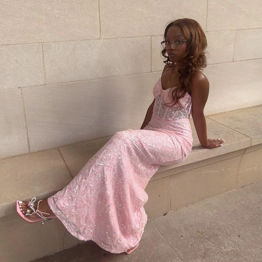 Prom Dress Pink Spaghetti Strap Mermaid Maxi Dress With Sequin Embroidery Sweetheart Neckline Formal Evening Party Gown