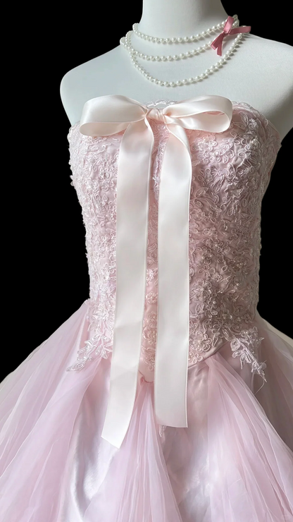 Prom Dress Pink Strapless Ball Gown With Lace Embroidered Bodice Satin Bow Detail Tiered Tulle Skirt Formal Evening Party Gown