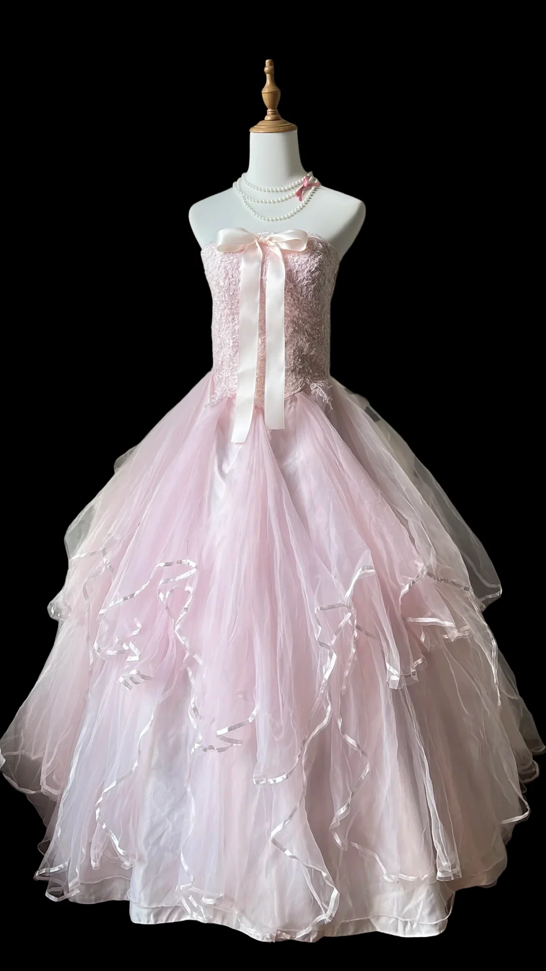 Prom Dress Pink Strapless Ball Gown With Lace Embroidered Bodice Satin Bow Detail Tiered Tulle Skirt Formal Evening Party Gown