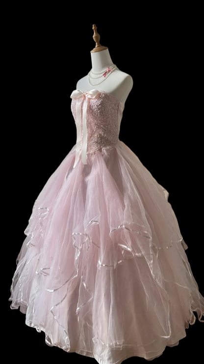 Prom Dress Pink Strapless Ball Gown With Lace Embroidered Bodice Satin Bow Detail Tiered Tulle Skirt Formal Evening Party Gown