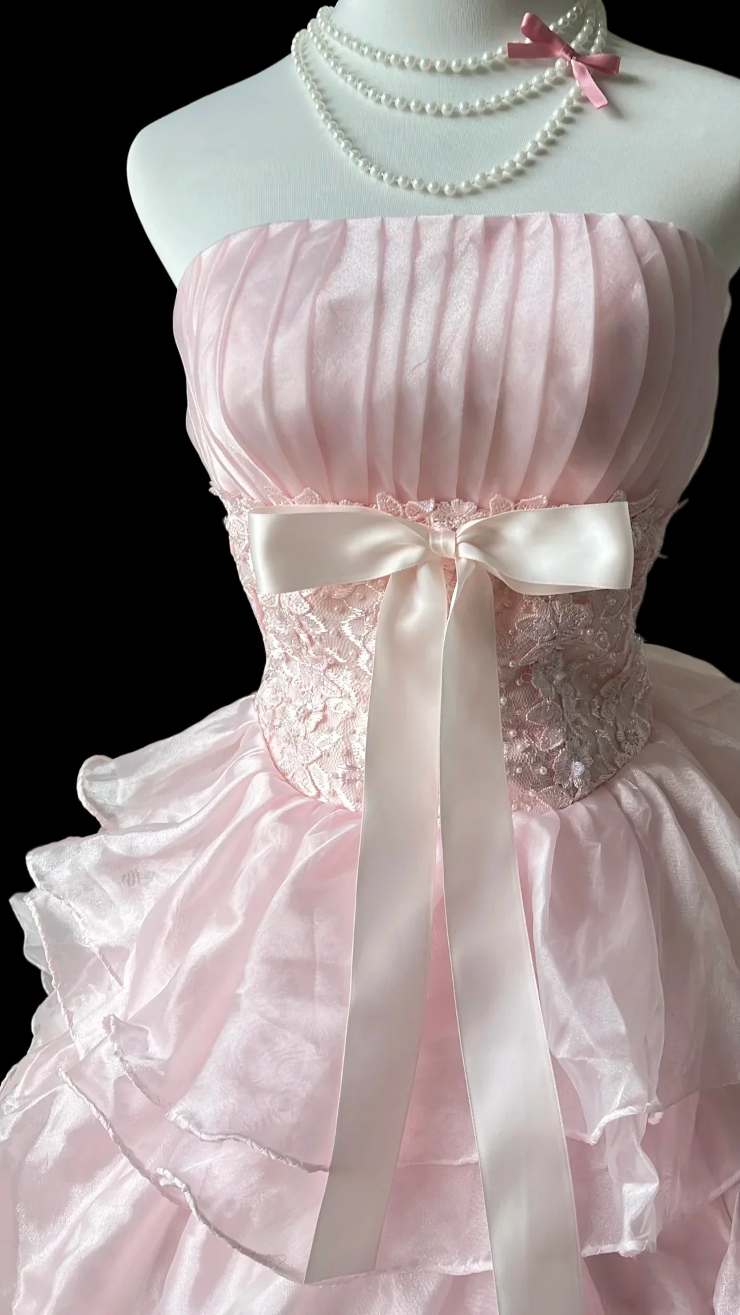 Prom Dress Pink Strapless Ball Gown With Pleated Bodice Lace Waist Satin Bow Tiered Ruffle Tulle Skirt Formal Evening Party Gown