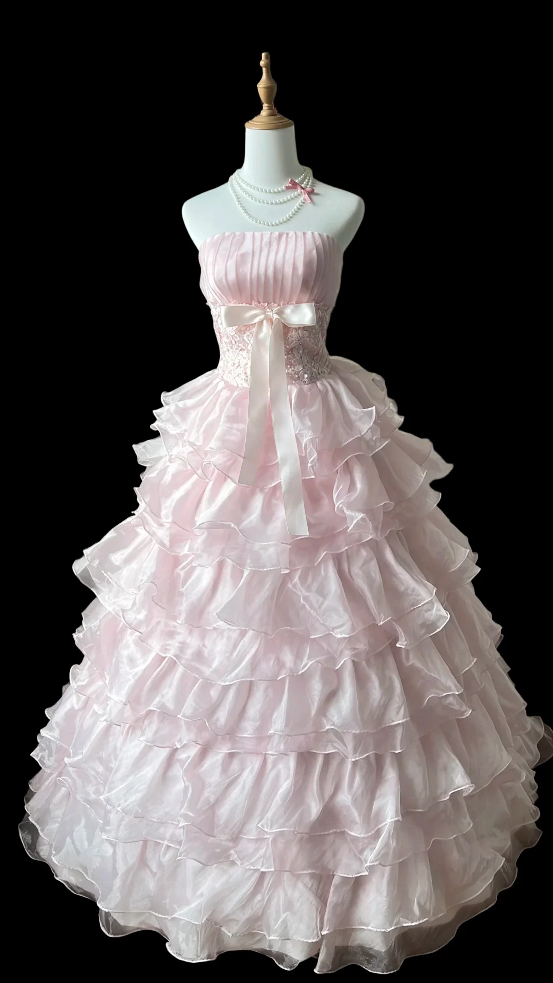 Prom Dress Pink Strapless Ball Gown With Pleated Bodice Lace Waist Satin Bow Tiered Ruffle Tulle Skirt Formal Evening Party Gown