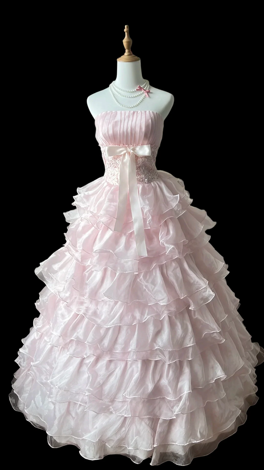 Prom Dress Pink Strapless Ball Gown With Pleated Bodice Lace Waist Satin Bow Tiered Ruffle Tulle Skirt Formal Evening Party Gown