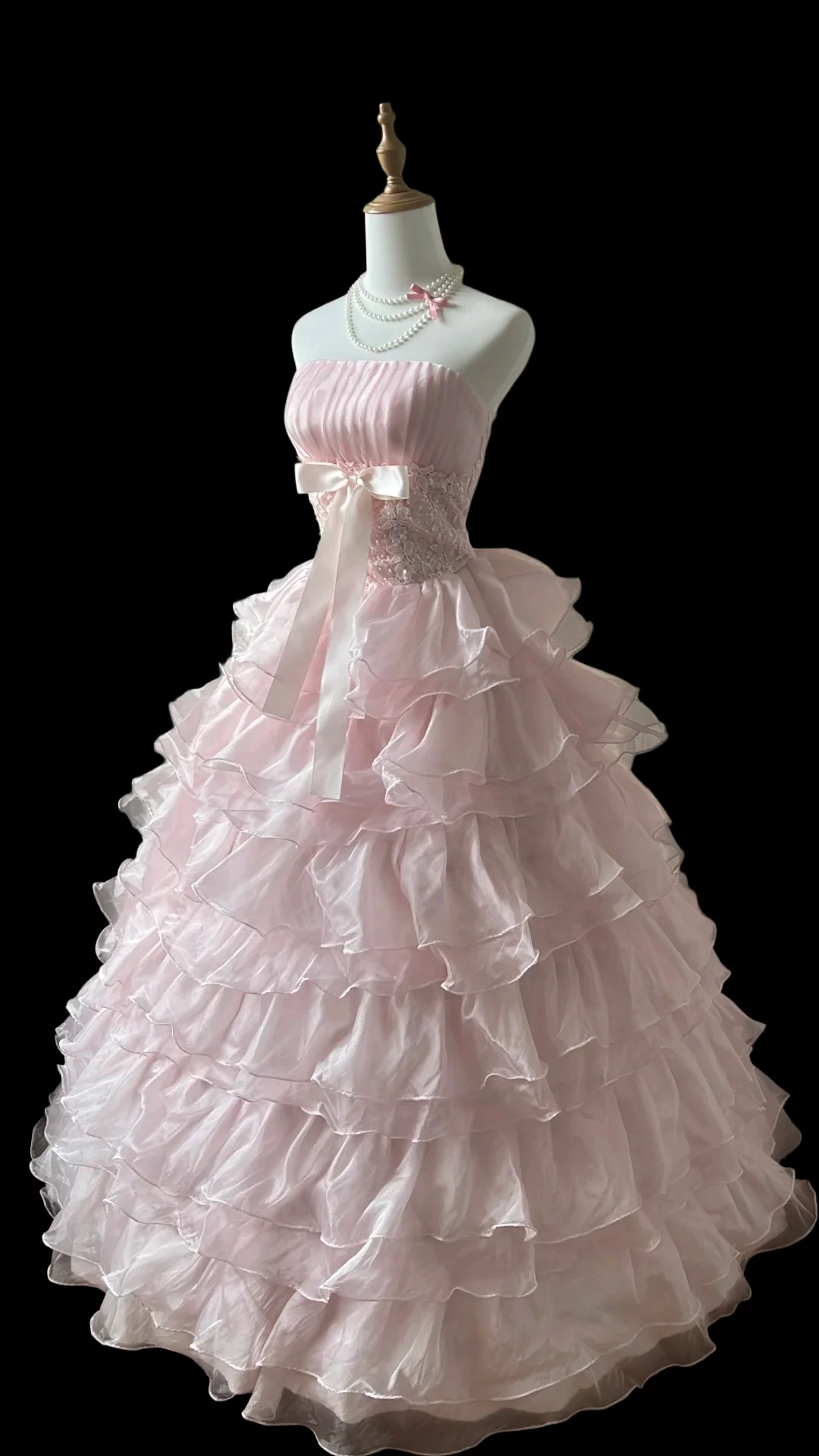 Prom Dress Pink Strapless Ball Gown With Pleated Bodice Lace Waist Satin Bow Tiered Ruffle Tulle Skirt Formal Evening Party Gown