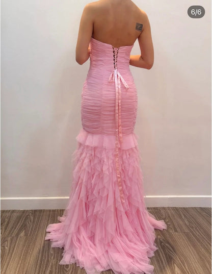 Prom Dress Pink Strapless Mermaid Maxi Dress With Ruched Tulle Bodice Lace Up Back Ruffled Tiered Skirt Formal Evening Party Gown