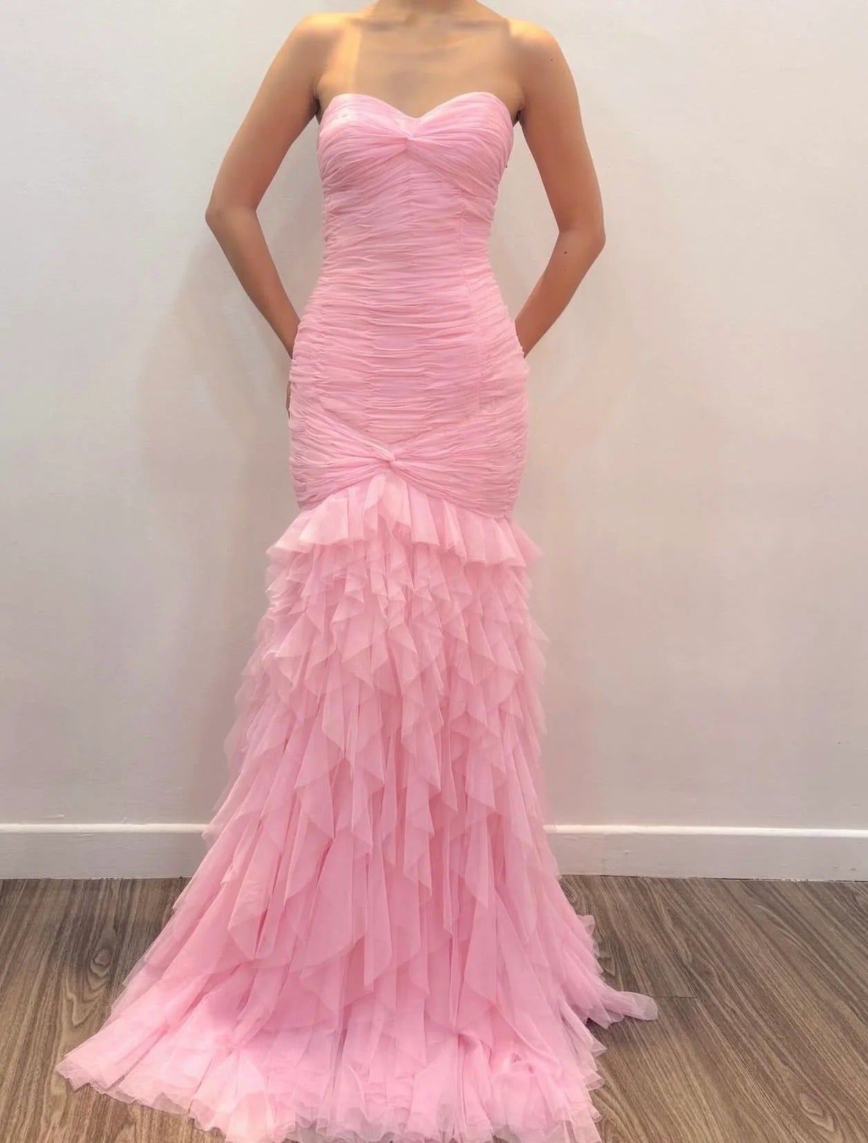Prom Dress Pink Strapless Mermaid Maxi Dress With Ruched Tulle Bodice Lace Up Back Ruffled Tiered Skirt Formal Evening Party Gown