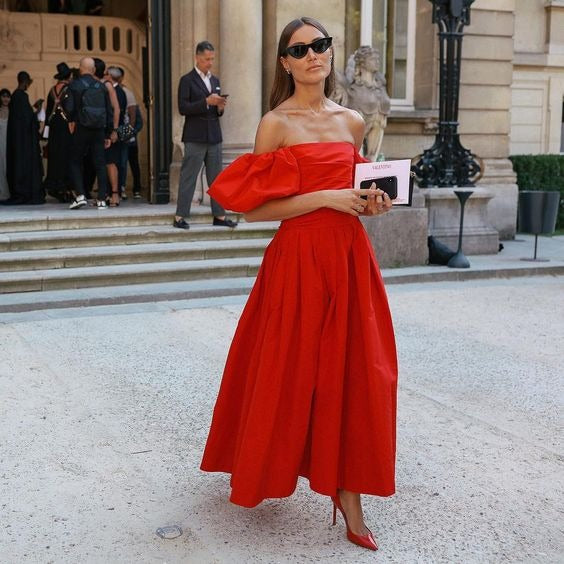 Prom Dress Red Off Shoulder A Line Midi Dress With Puff Sleeves Formal Evening Party Gown