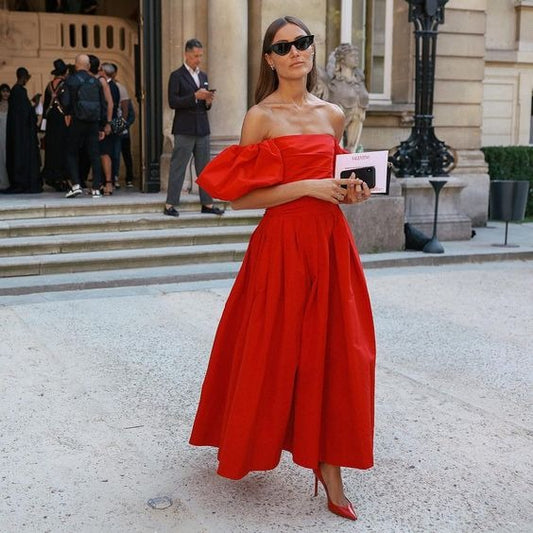 Prom Dress Red Off Shoulder A Line Midi Dress With Puff Sleeves Formal Evening Party Gown