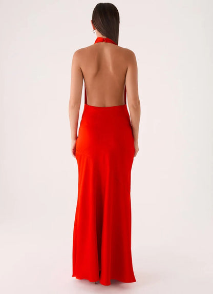 Prom Dress Red Satin Halter Neck Maxi Dress With Open Back Waist Tie Detail Floor Length Formal Evening Party Gown