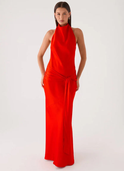 Prom Dress Red Satin Halter Neck Maxi Dress With Open Back Waist Tie Detail Floor Length Formal Evening Party Gown