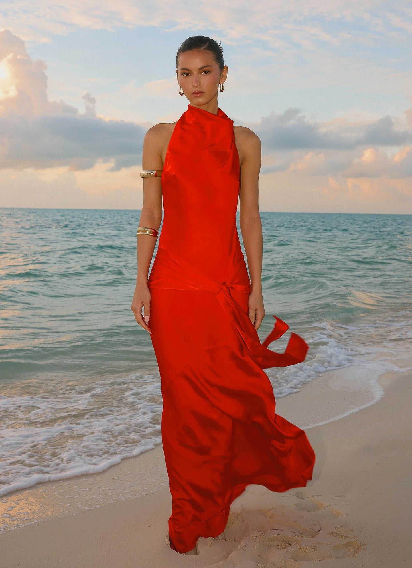 Prom Dress Red Satin Halter Neck Maxi Dress With Open Back Waist Tie Detail Floor Length Formal Evening Party Gown