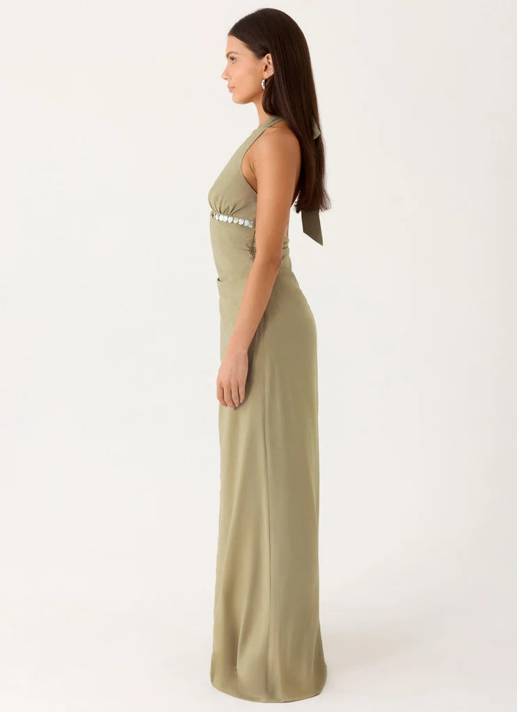 Prom Dress Sage Green Halter Neck Maxi Dress With Beaded Waistband Open Back Bow Detail Formal Evening Party Gown