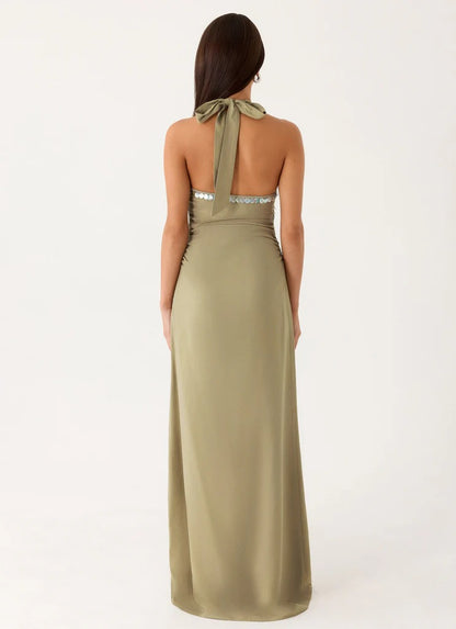 Prom Dress Sage Green Halter Neck Maxi Dress With Beaded Waistband Open Back Bow Detail Formal Evening Party Gown