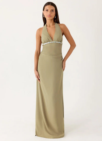 Prom Dress Sage Green Halter Neck Maxi Dress With Beaded Waistband Open Back Bow Detail Formal Evening Party Gown