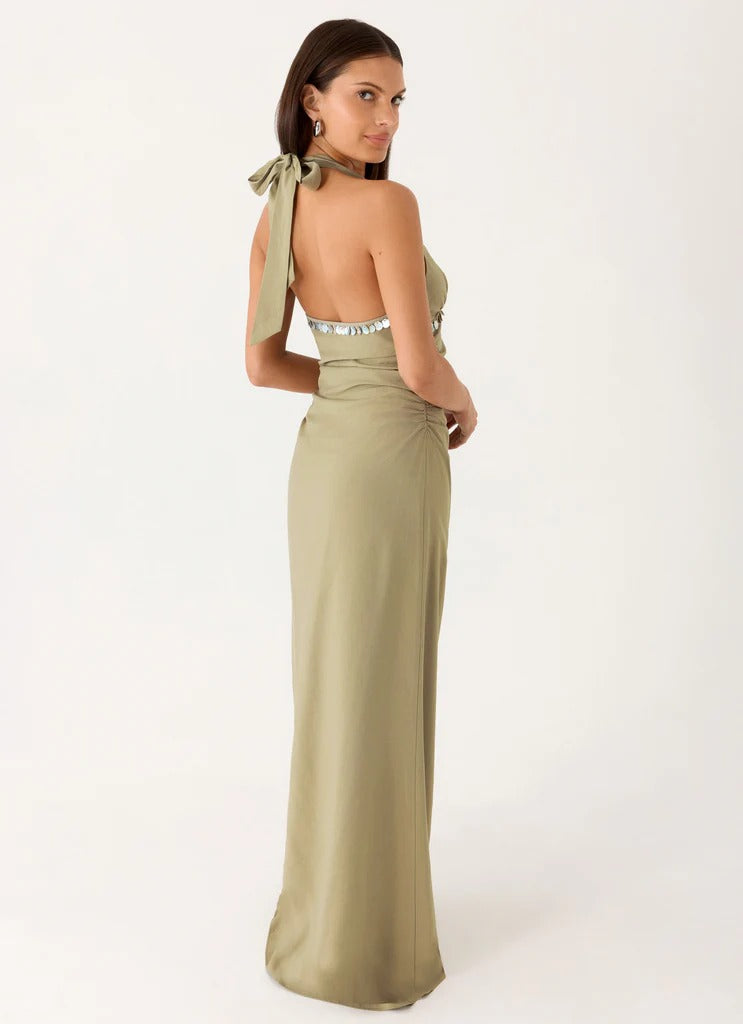 Prom Dress Sage Green Halter Neck Maxi Dress With Beaded Waistband Open Back Bow Detail Formal Evening Party Gown
