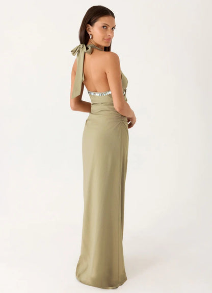 Prom Dress Sage Green Halter Neck Maxi Dress With Beaded Waistband Open Back Bow Detail Formal Evening Party Gown