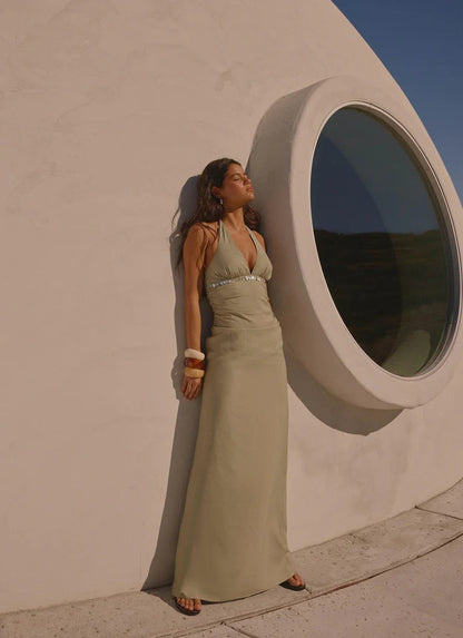 Prom Dress Sage Green Halter Neck Maxi Dress With Beaded Waistband Open Back Bow Detail Formal Evening Party Gown