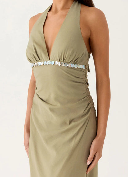 Prom Dress Sage Green Halter Neck Maxi Dress With Beaded Waistband Open Back Bow Detail Formal Evening Party Gown
