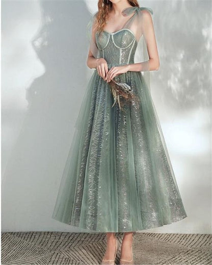 Prom Dress Sage Green Off Shoulder Tea Length Tulle Dress With Corset Bodice And Bow Shoulder Details Formal Evening Party Gown