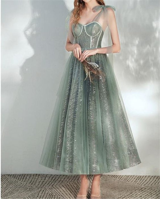 Prom Dress Sage Green Off Shoulder Tea Length Tulle Dress With Corset Bodice And Bow Shoulder Details Formal Evening Party Gown