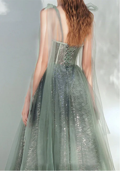 Prom Dress Sage Green Off Shoulder Tea Length Tulle Dress With Corset Bodice And Bow Shoulder Details Formal Evening Party Gown