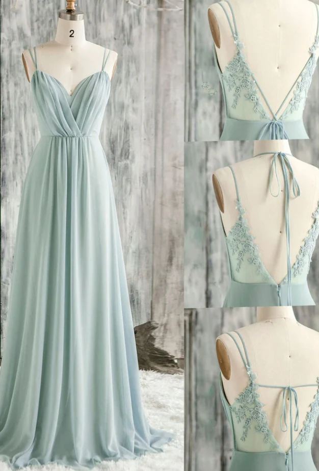 Prom Dress Sage Green Spaghetti Strap A Line Maxi Dress With Lace Backless Tie Formal Evening Party Gown