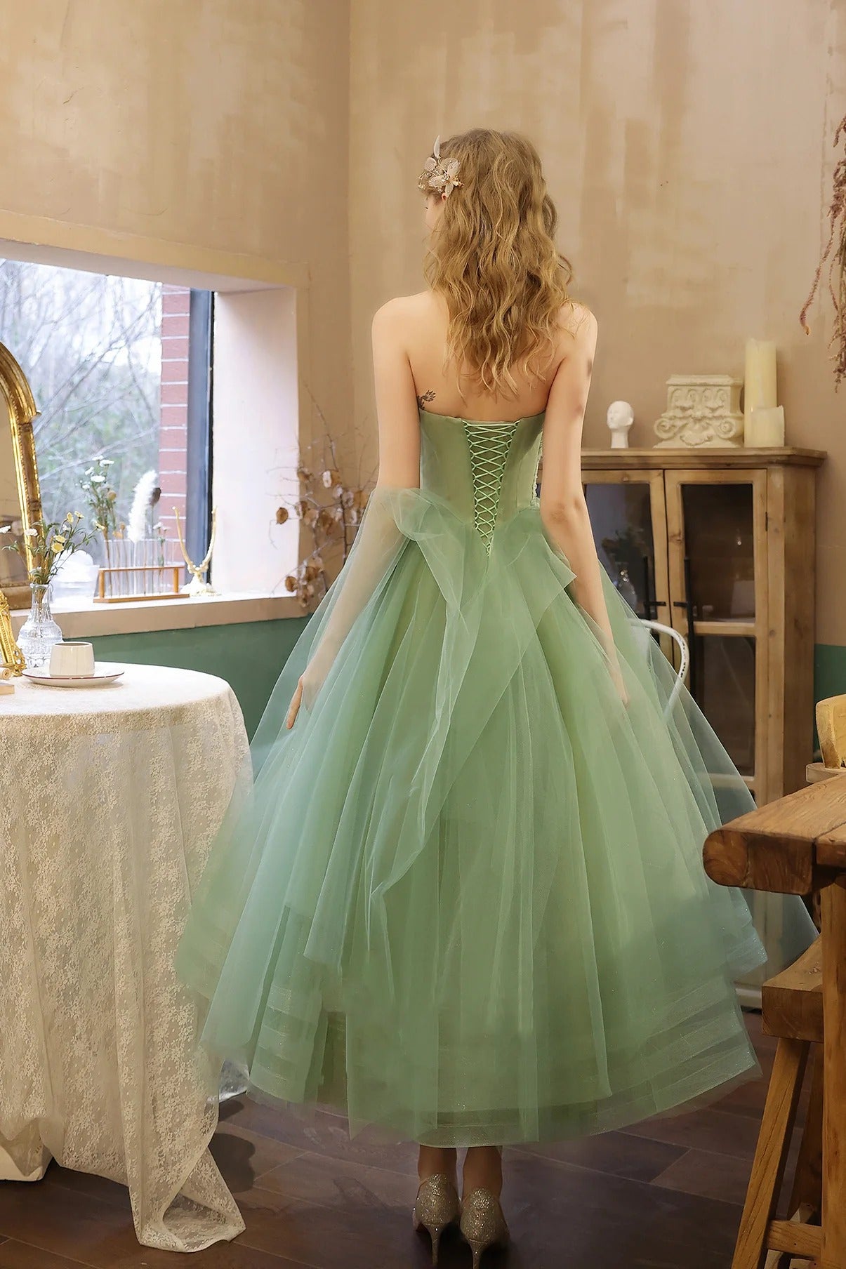 Prom Dress Sage Green Strapless Tea Length Tulle Dress With Ruffled Bodice And Corset Back Formal Evening Party Gown