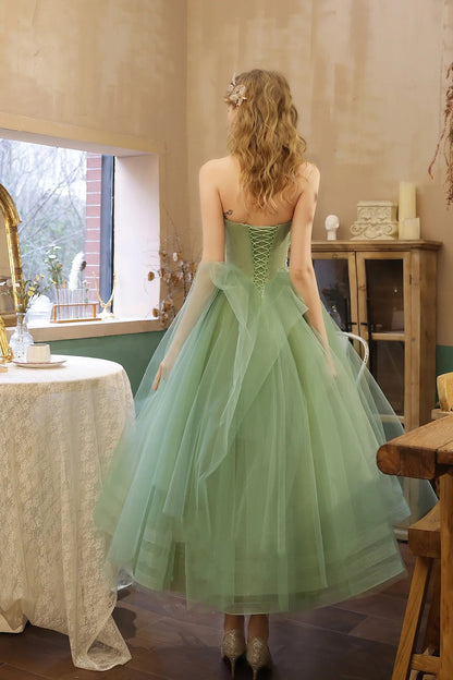 Prom Dress Sage Green Strapless Tea Length Tulle Dress With Ruffled Bodice And Corset Back Formal Evening Party Gown
