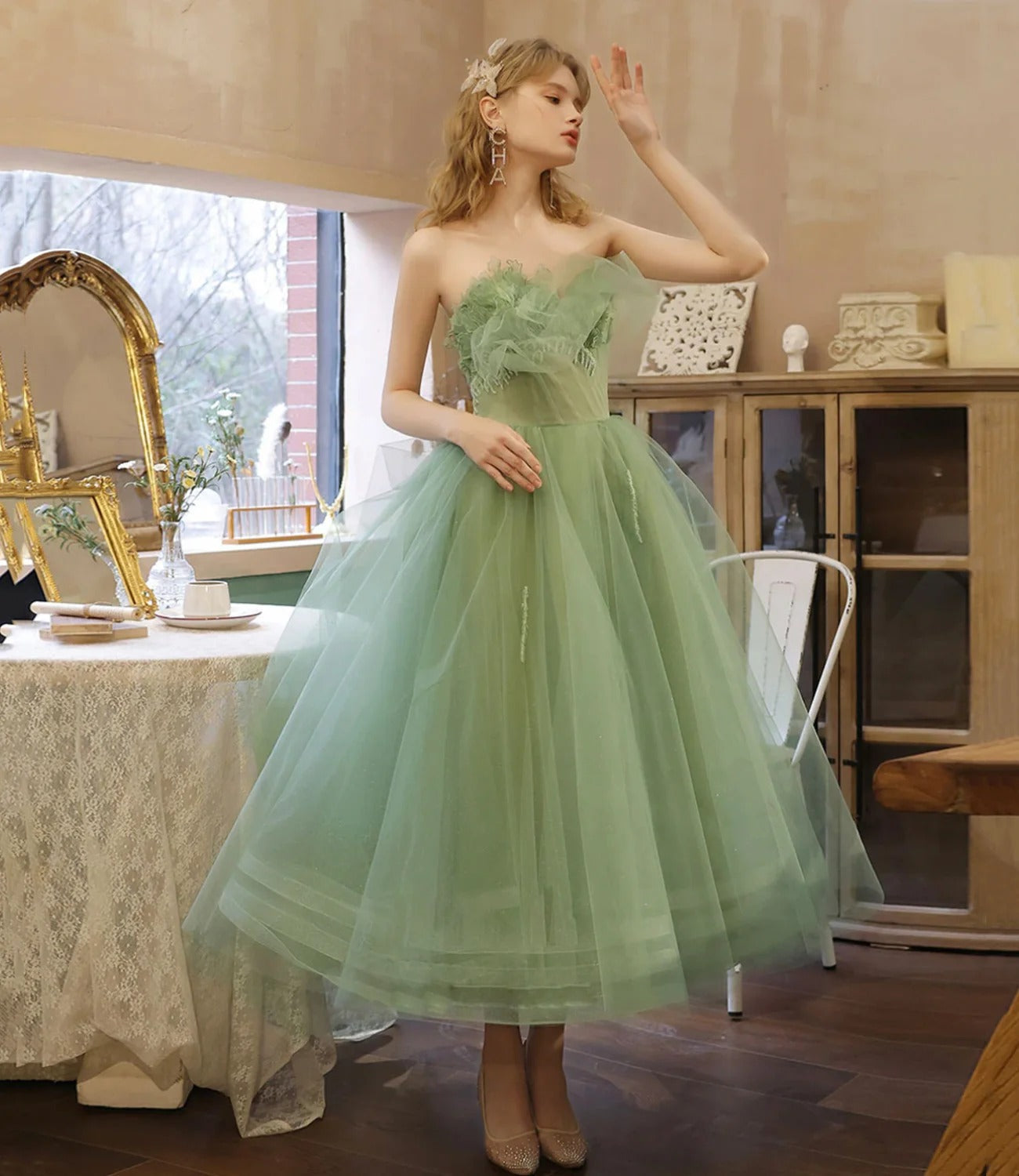 Prom Dress Sage Green Strapless Tea Length Tulle Dress With Ruffled Bodice And Corset Back Formal Evening Party Gown