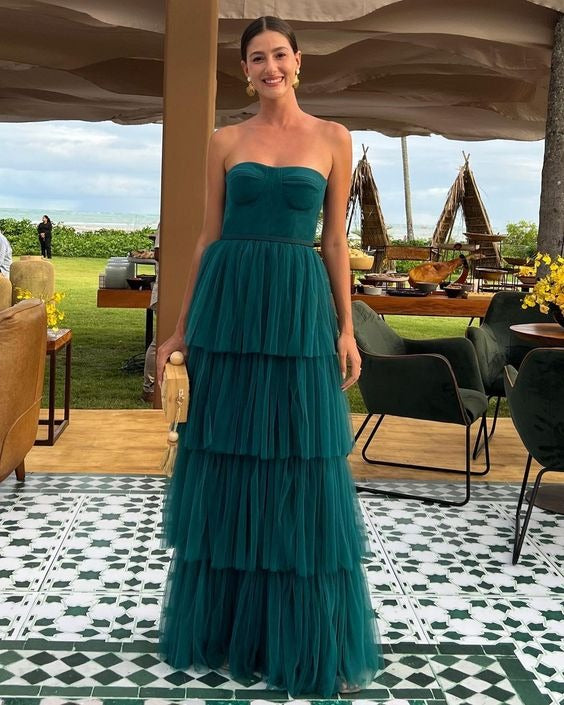 Prom Dress Teal Strapless Tiered Tulle Maxi Dress With Corset Bodice Formal Evening Party Gown