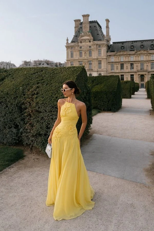 Prom Dress Yellow Halter Neck A Line Maxi Dress With Floral Appliques Ruched Bodice Formal Evening Party Gown