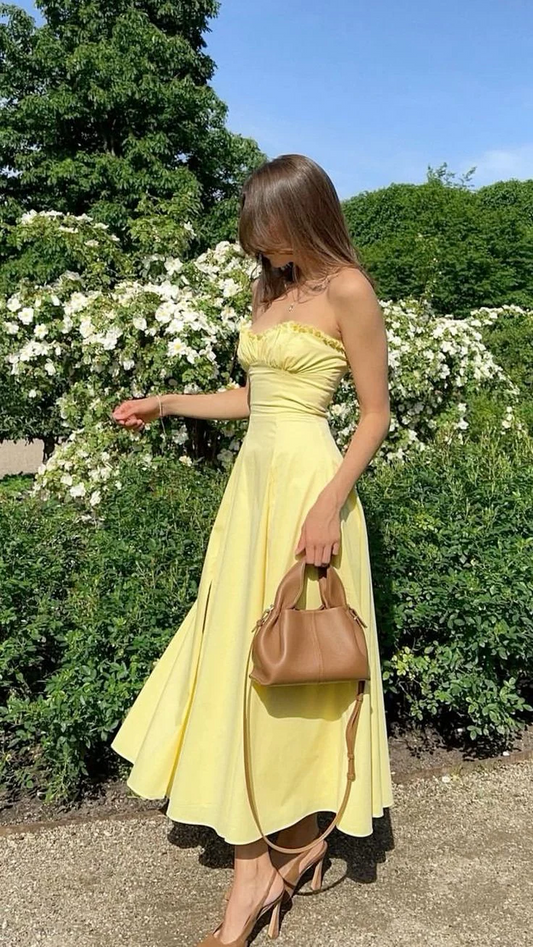 Prom Dress Yellow Strapless A Line Midi Dress With Sweetheart Neckline Ruffle Trim Slit Formal Evening Party Gown