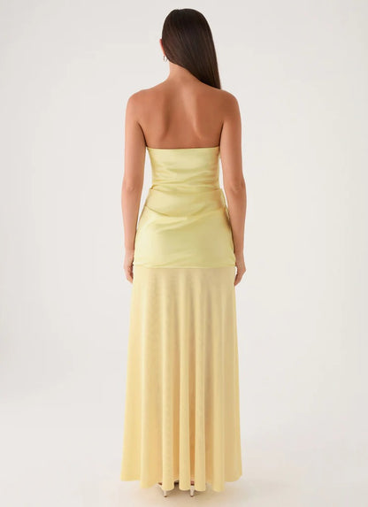 Prom Dress Yellow Strapless Maxi Dress With Knotted Sweetheart Neckline Ruched Waist Flowy Skirt Formal Evening Party Gown