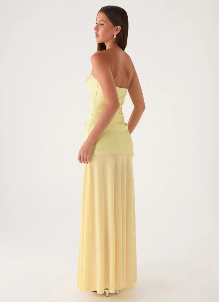 Prom Dress Yellow Strapless Maxi Dress With Knotted Sweetheart Neckline Ruched Waist Flowy Skirt Formal Evening Party Gown