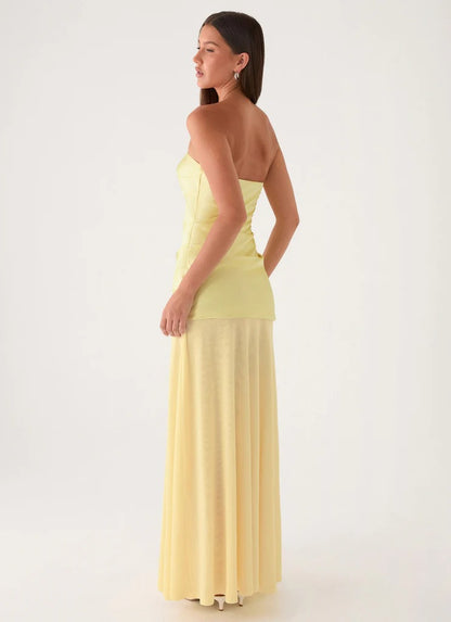 Prom Dress Yellow Strapless Maxi Dress With Knotted Sweetheart Neckline Ruched Waist Flowy Skirt Formal Evening Party Gown