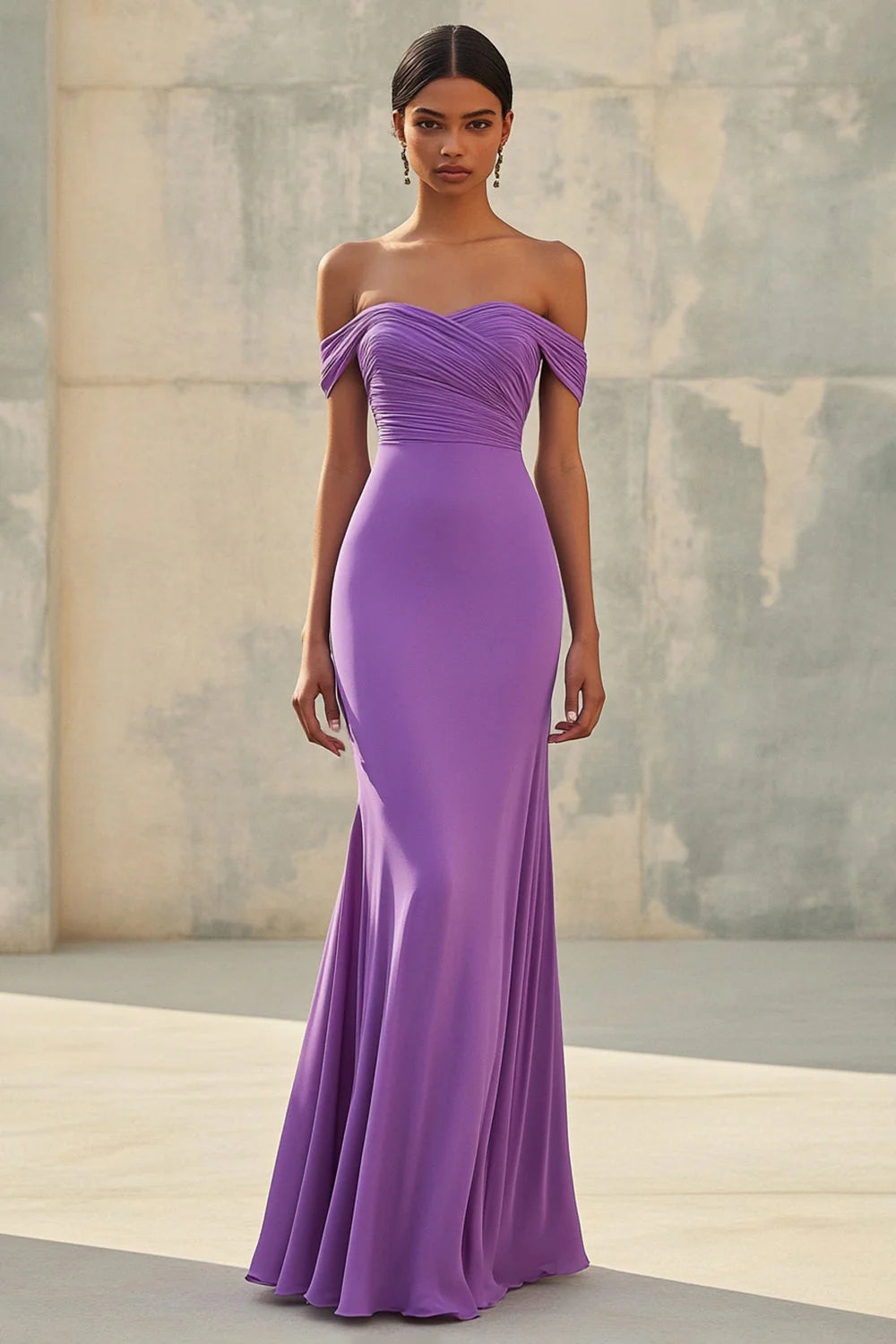 Purple Off The Shoulder Prom Dress With Ruched Bodice And Mermaid Silhouette For Formal Evening Party