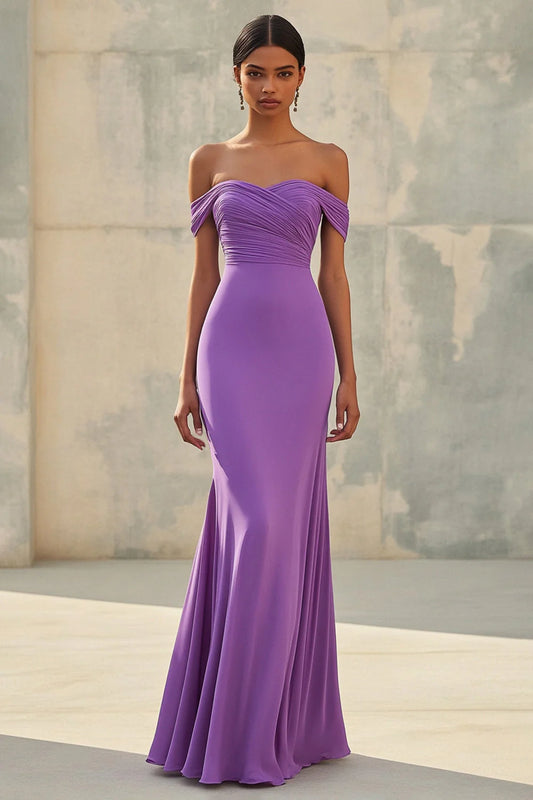 Purple Off The Shoulder Prom Dress With Ruched Bodice And Mermaid Silhouette For Formal Evening Party
