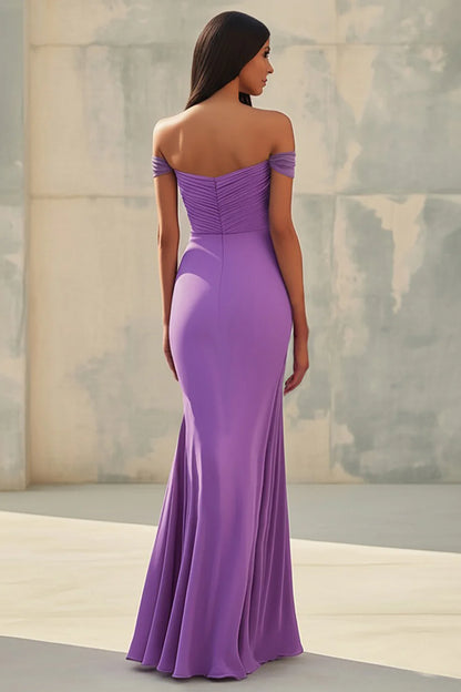 Purple Off The Shoulder Prom Dress With Ruched Bodice And Mermaid Silhouette For Formal Evening Party